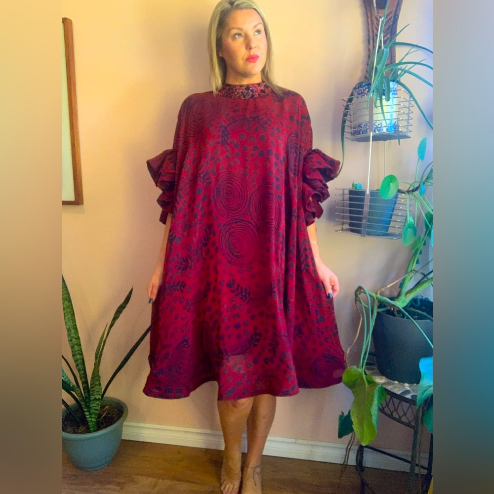 Vintage Dark Red & Blue Ruffle Sleeve Layered Beaded High Neck Cocktail Dress